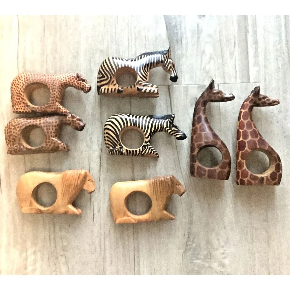 Vintage Napkin Rings Wood Hand Carved African Safari Animals Boho Decor Set of 8
